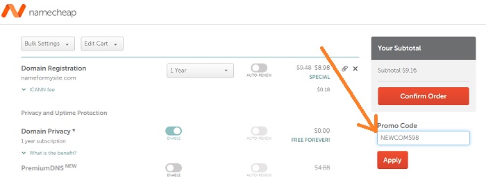 Paste the Namecheap promo code