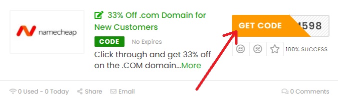 Select Namecheap coupon and click on get code